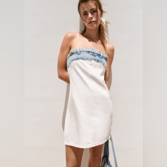 Zara Denim Mini Dress Sleeveless White Blue casual jeans bodycon - Picture 15 of 15